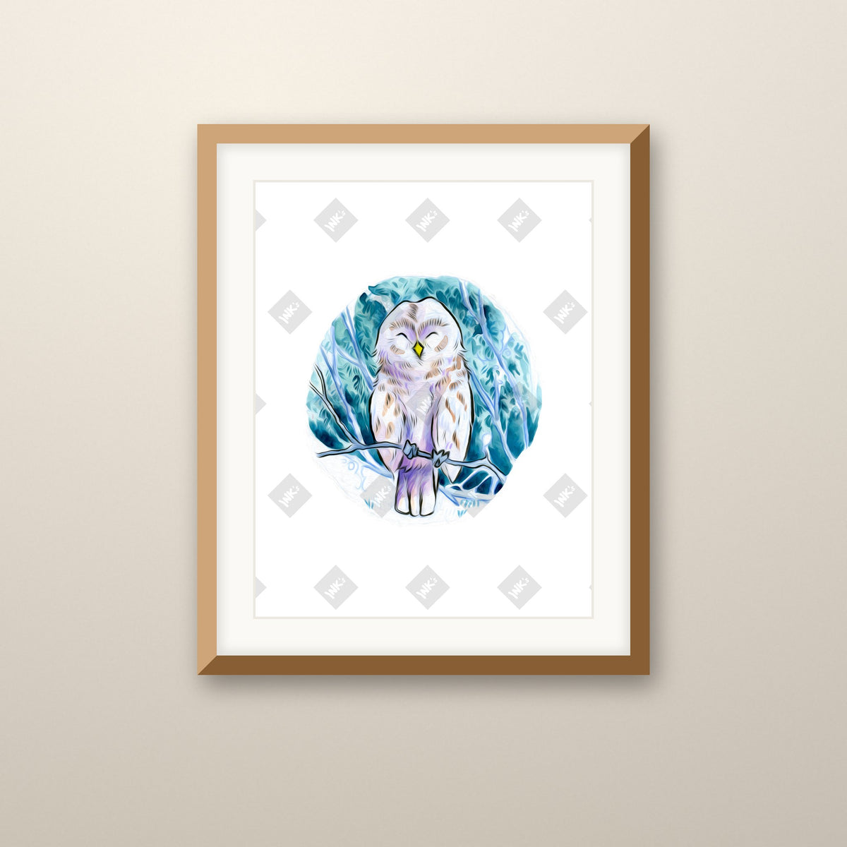Winter Owl art print in an oak frame on a wall