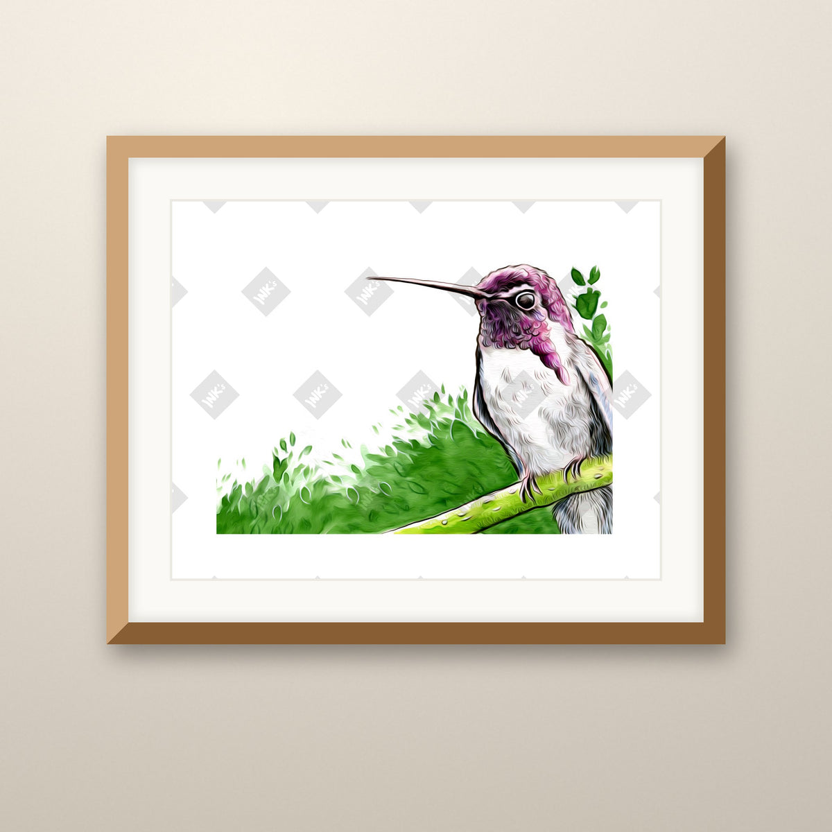 Purple Hummingbird art print in an oak frame on a wall