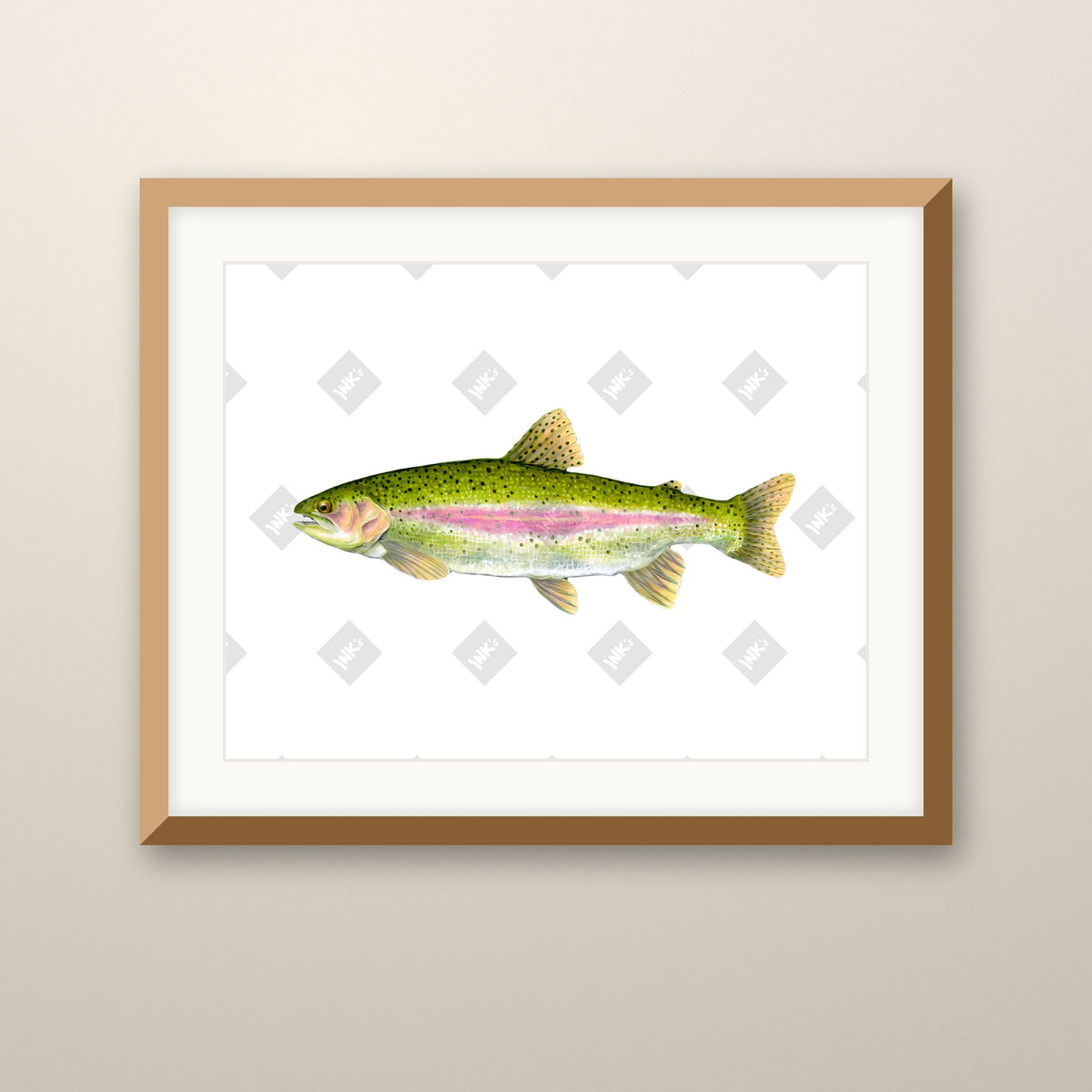 Rainbow Trout art print in an oak frame on a wall