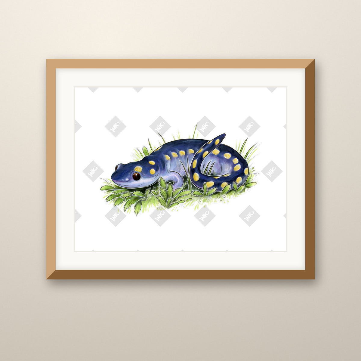 Blue Salamander art print in an oak frame on a wall