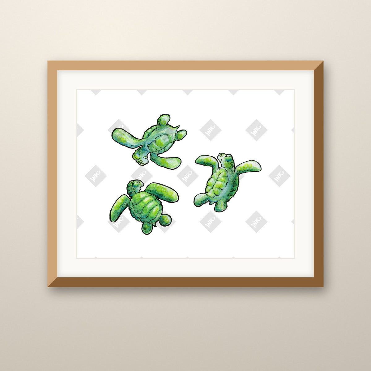 Turtle Trio art print in an oak frame on a wall