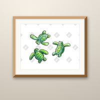 Turtle Trio art print in an oak frame on a wall