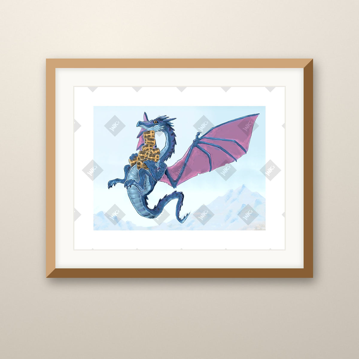 Blue Dragon art print in an oak frame on a wall