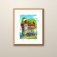 Dragon Rest art print in an oak frame on a wall
