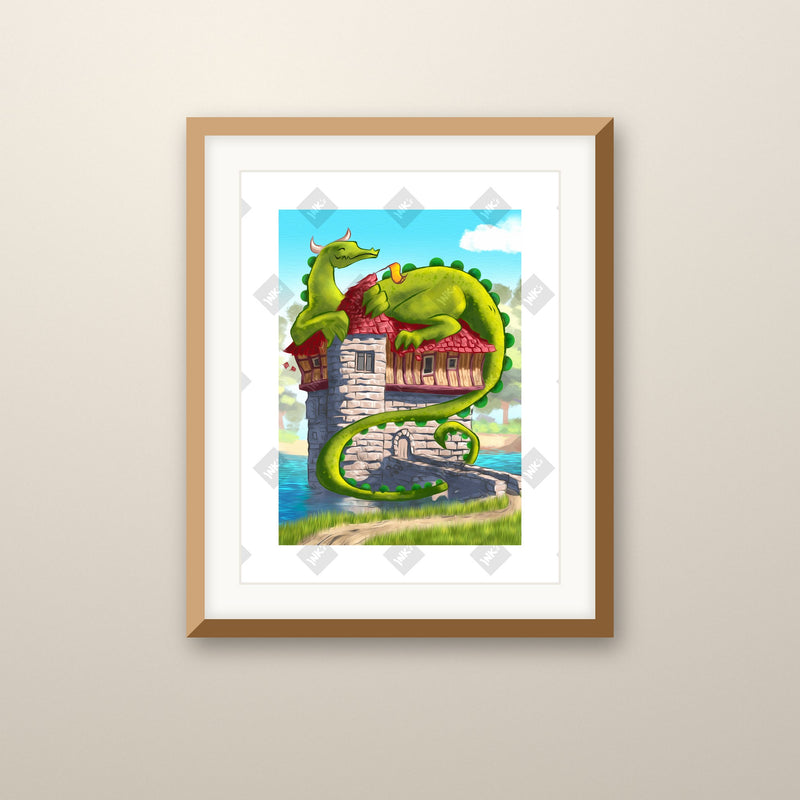Dragon Rest art print in an oak frame on a wall