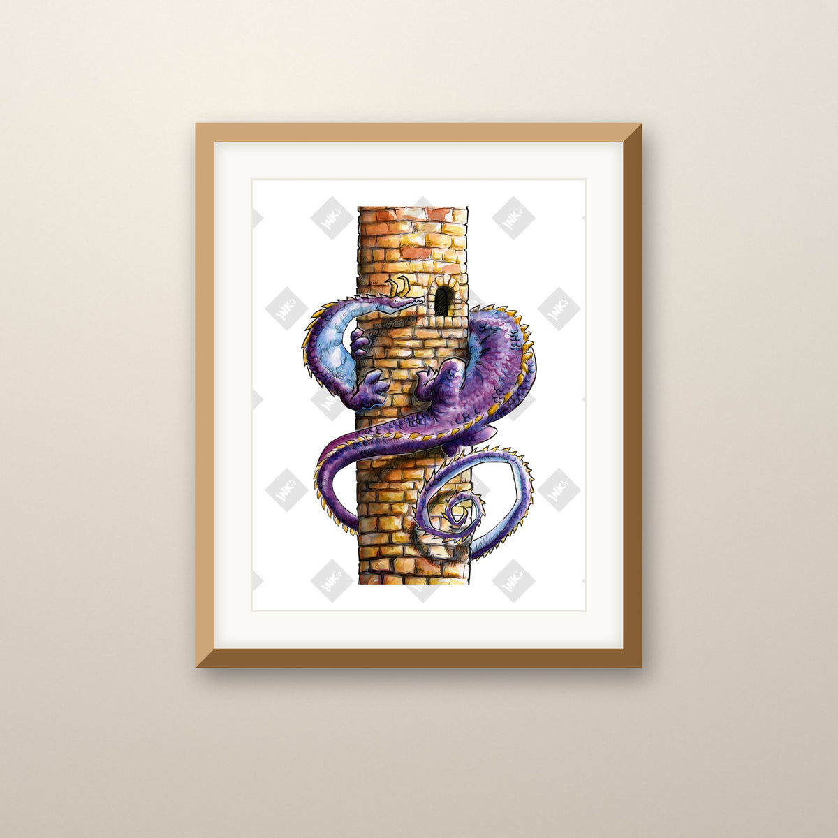 Dragon Tower Wrap art print in an oak frame on a wall