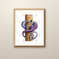Dragon Tower Wrap art print in an oak frame on a wall