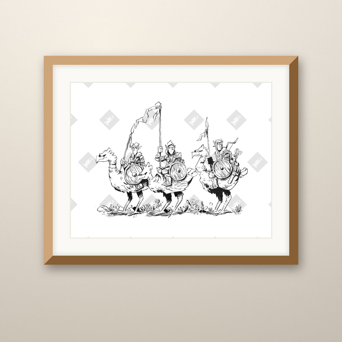Goblin Misfits art print in an oak frame on a wall