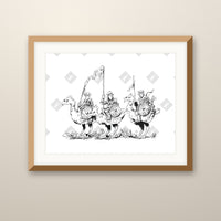 Goblin Misfits art print in an oak frame on a wall