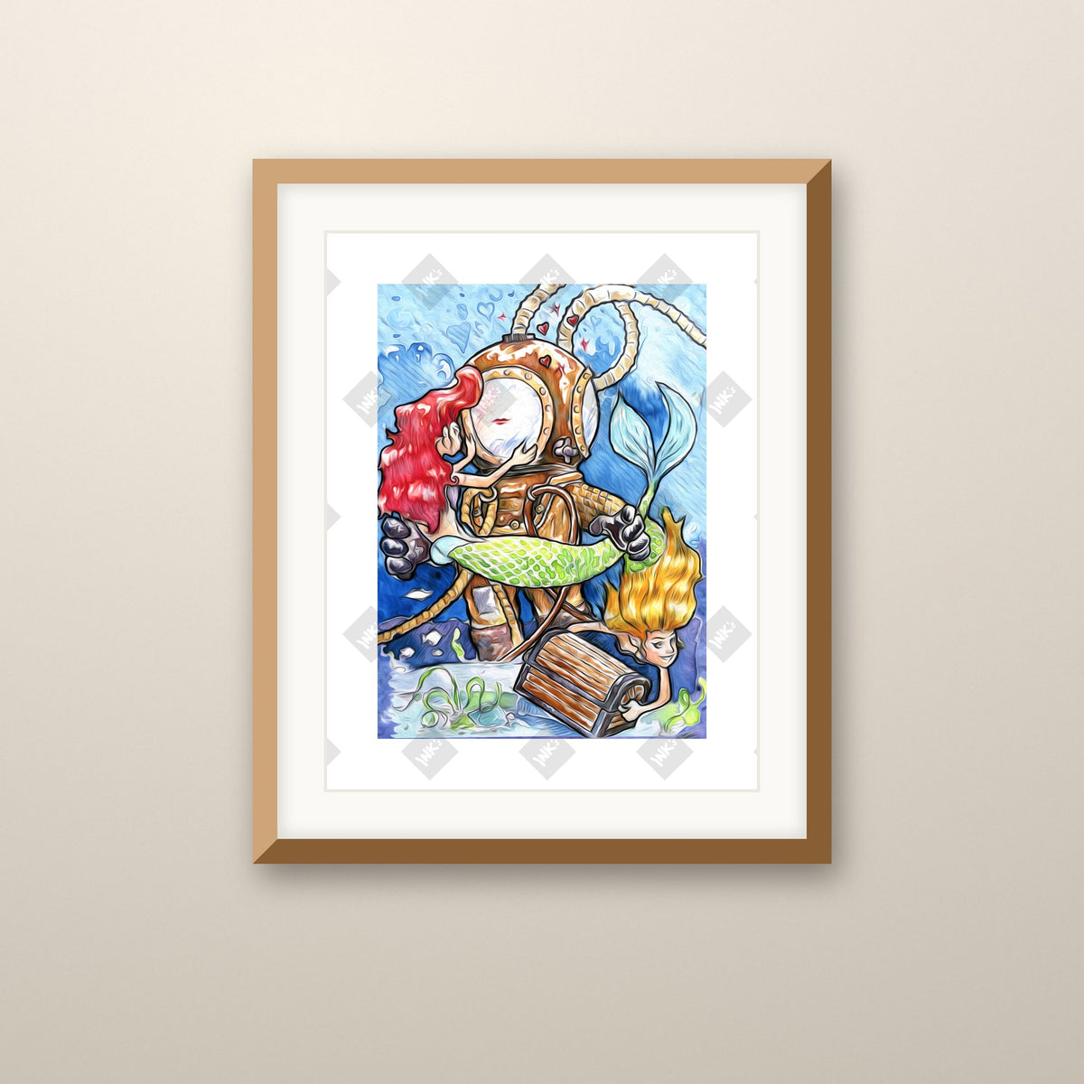 Mermaids art print in an oak frame on a wall