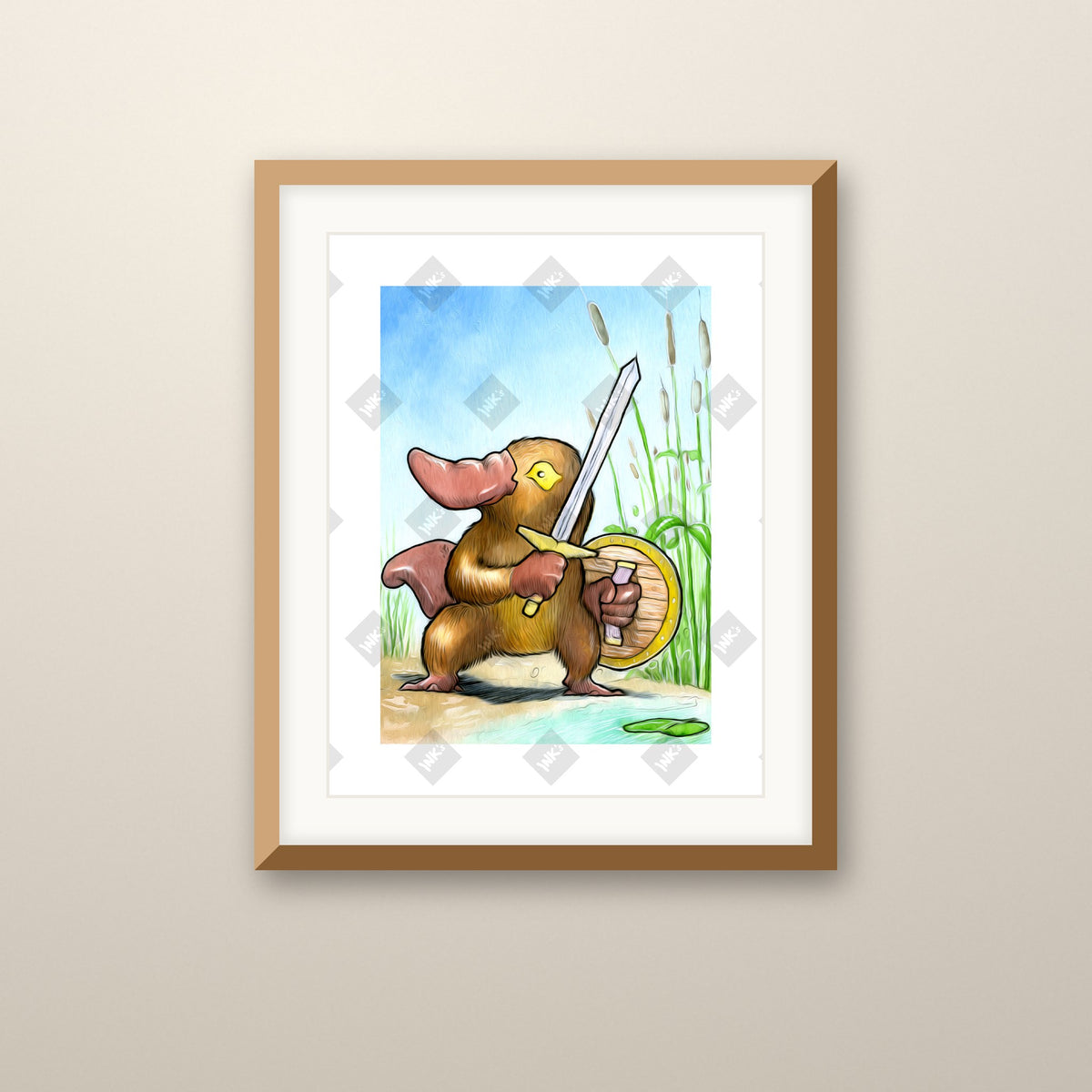 Platypus Warrior art print in an oak frame on a wall