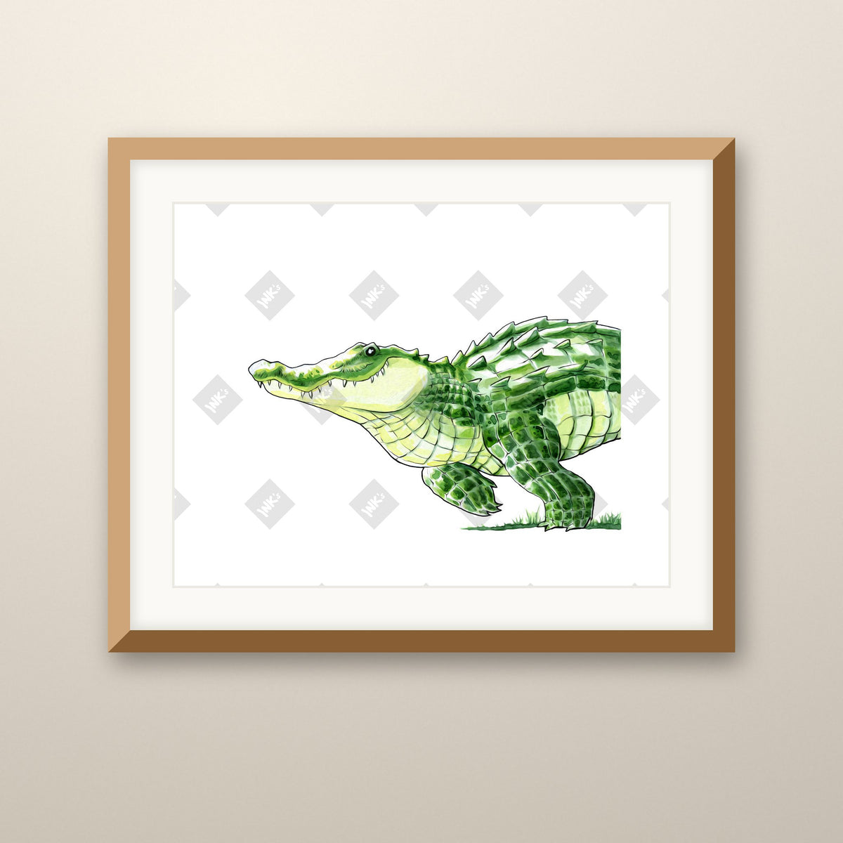 Alligator Stepping art print in an oak frame on a wall