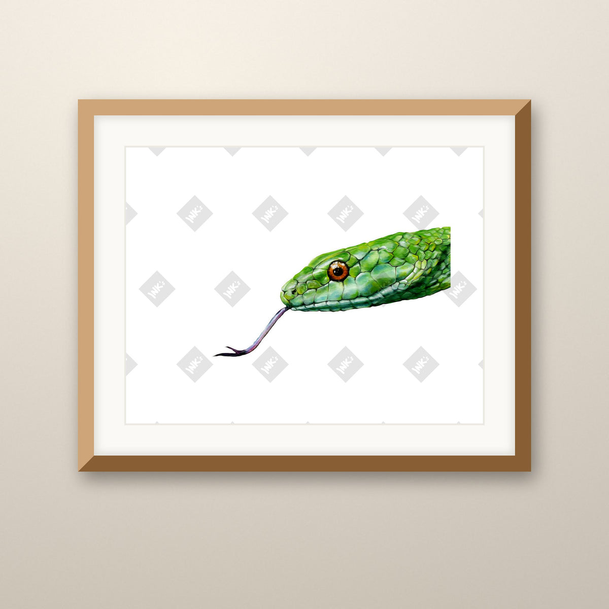 Snake Head art print in an oak frame on a wall