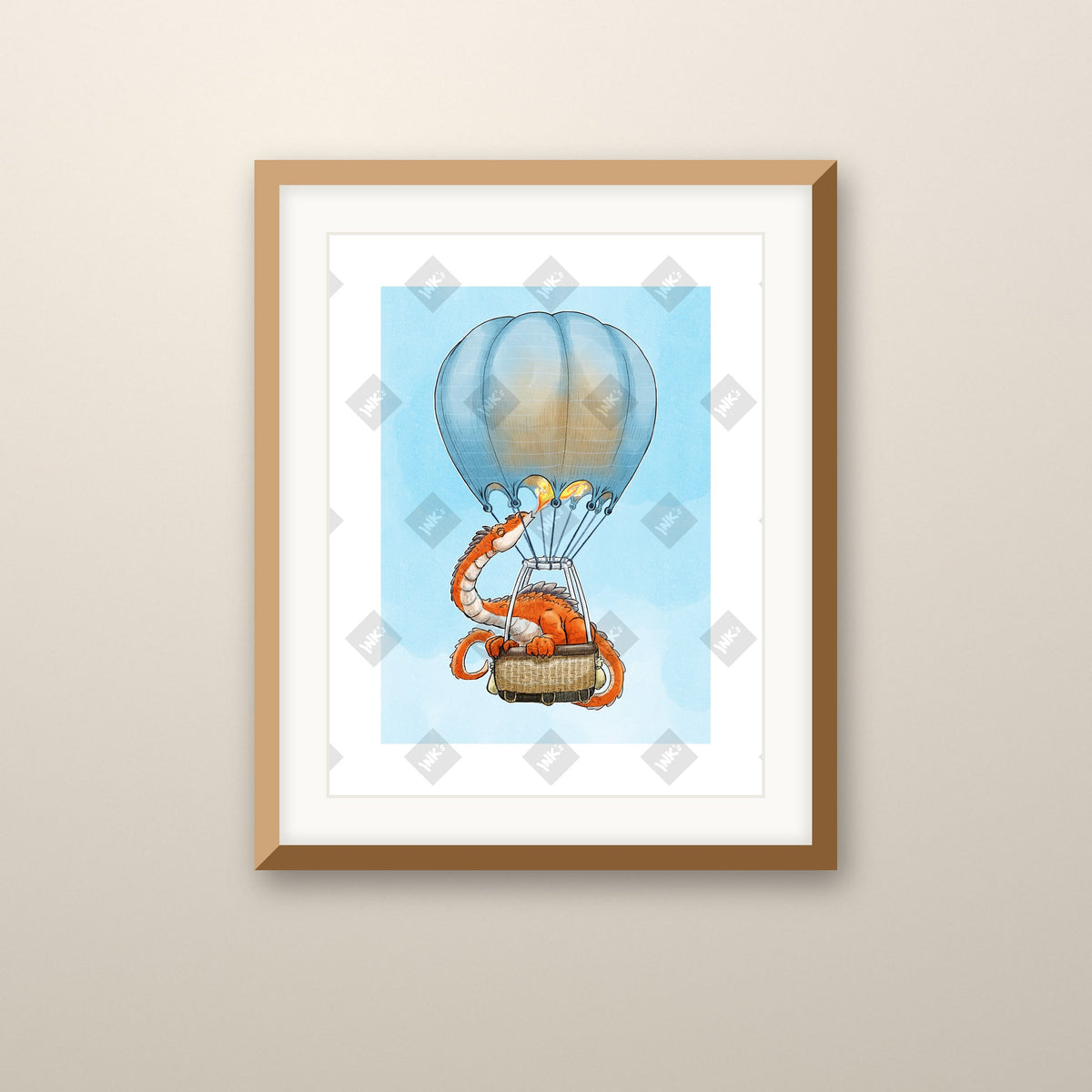 Dragon Balloon art print in an oak frame on a wall