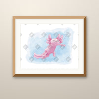 Axolotl in Water art print in an oak frame on a wall