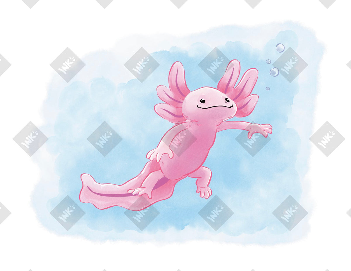 Axolotl in Water art print by Inkchievous