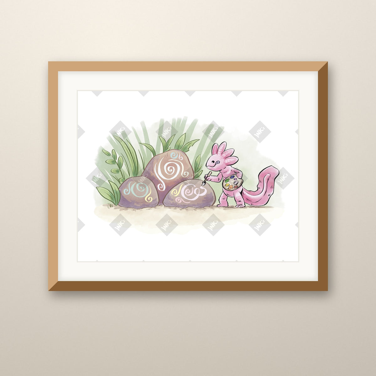 Axolotl Painting Rocks art print in an oak frame on a wall