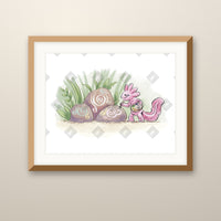Axolotl Painting Rocks art print in an oak frame on a wall