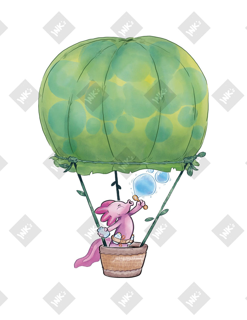 Axolotl Balloon art print by Inkchievous