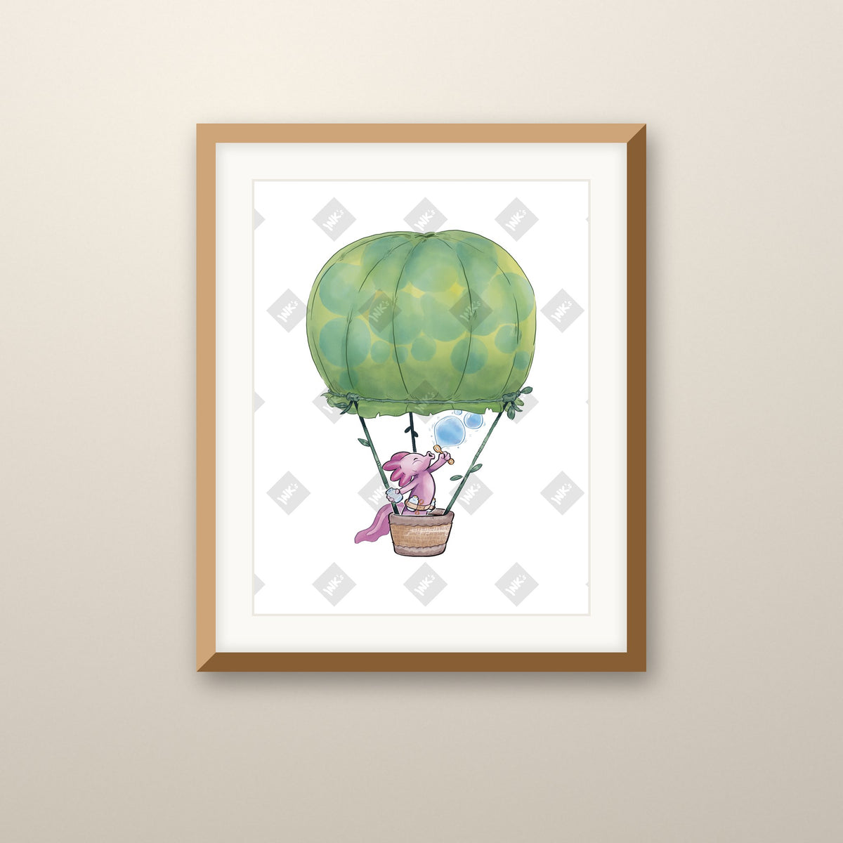 Axolotl Balloon art print in an oak frame on a wall