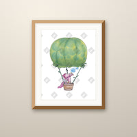 Axolotl Balloon art print in an oak frame on a wall
