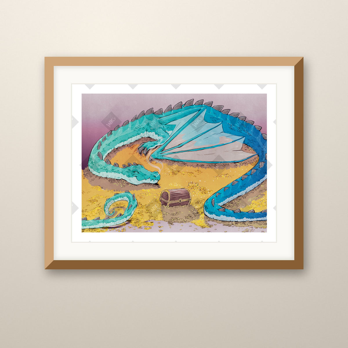 Treasure Nap art print in an oak frame on a wall