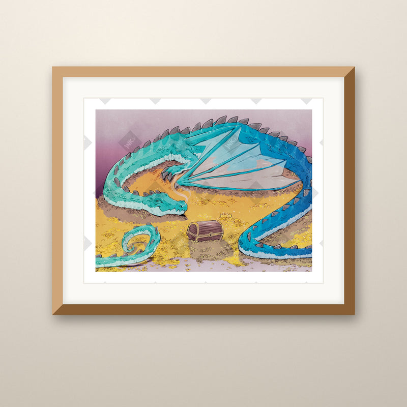 Treasure Nap art print in an oak frame on a wall