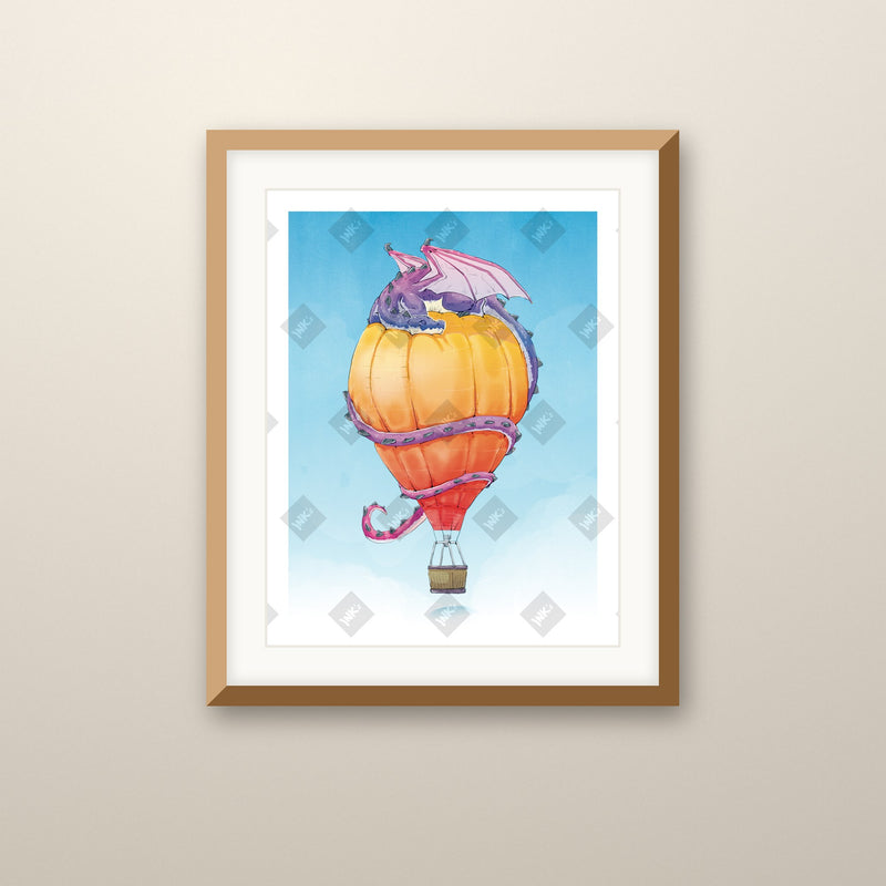 Balloon Nap art print in an oak frame on a wall