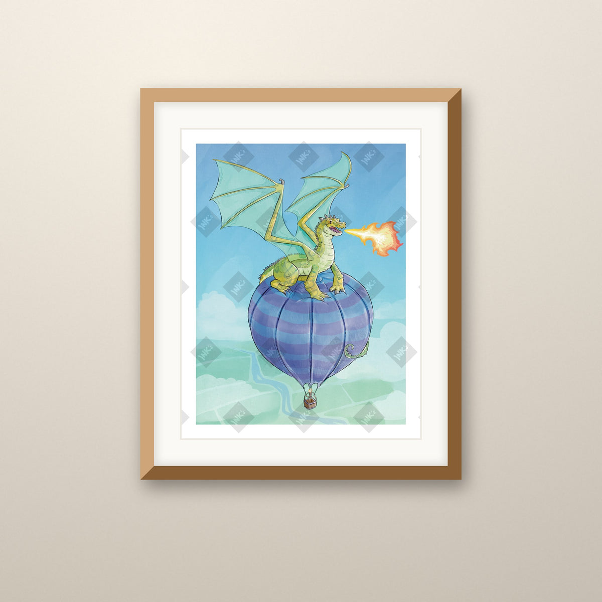 Balloon Perch art print in an oak frame on a wall