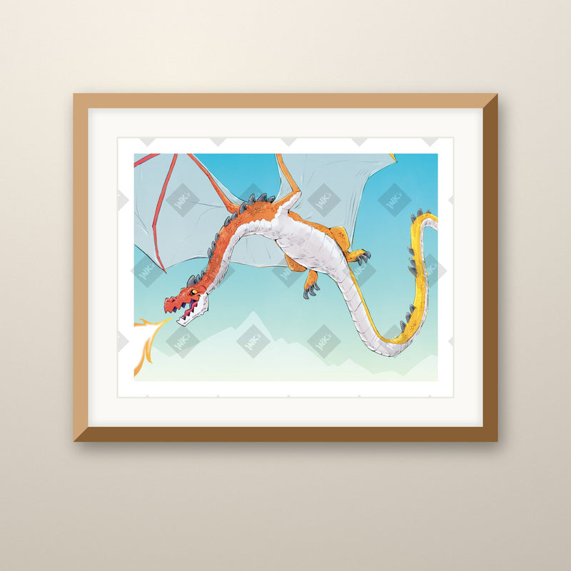Sunset Dragon Flying Left art print in an oak frame on a wall