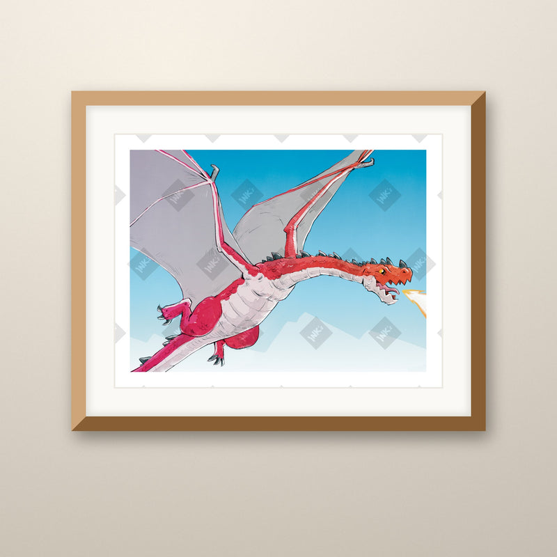 Red Dragon Flying Right art print in an oak frame on a wall