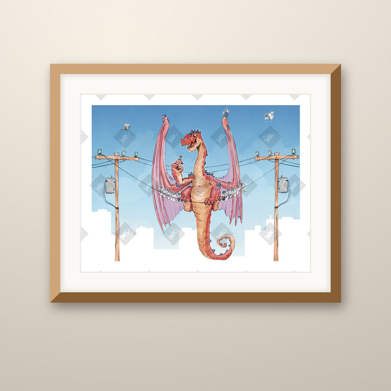 Dragon on a Wire art print in an oak frame on a wall