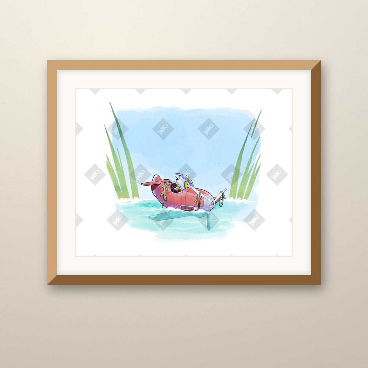 A Seat That Fits a Fish art print in an oak frame on a wall