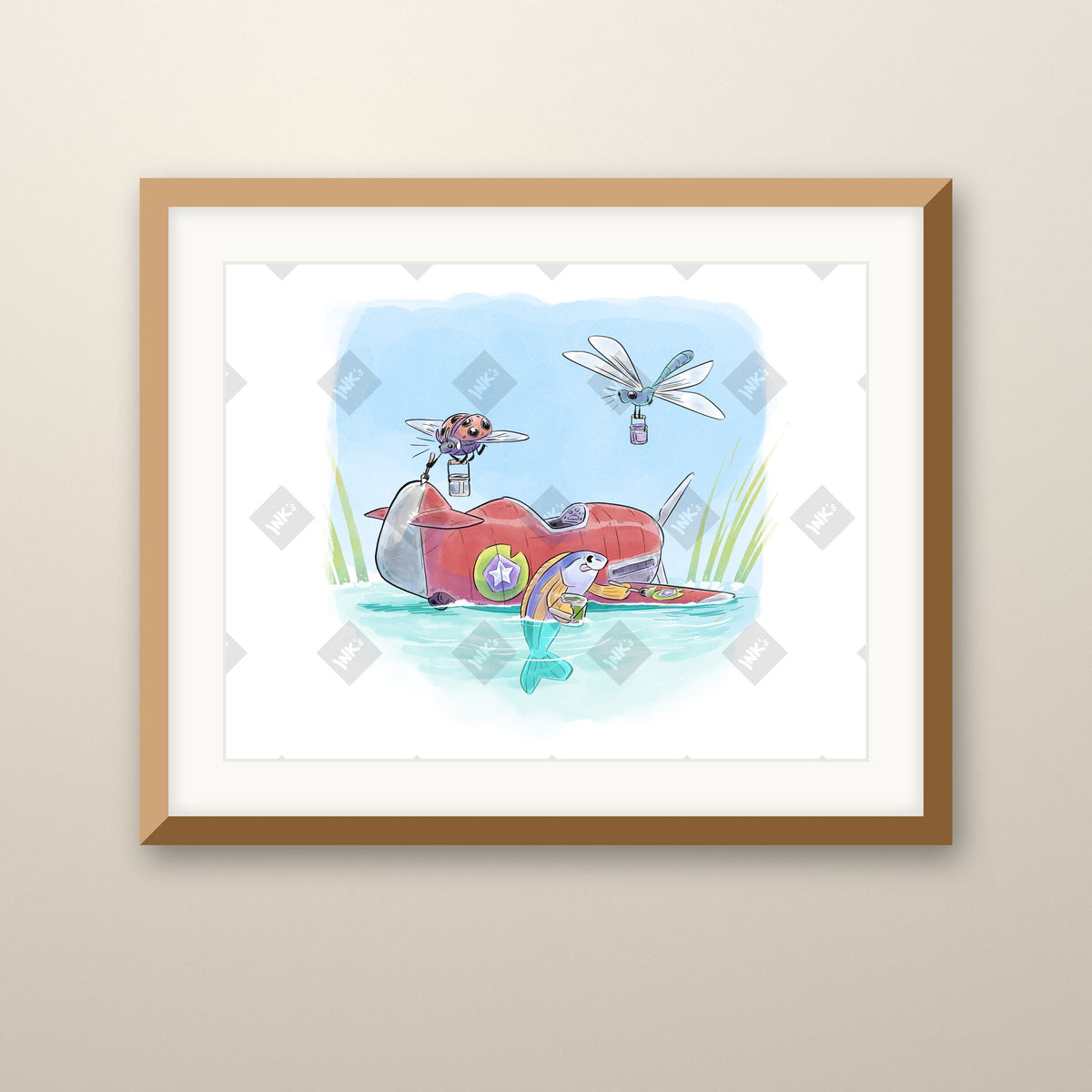 Painting the Plane art print in an oak frame on a wall