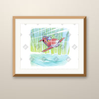 Finn Flying art print in an oak frame on a wall
