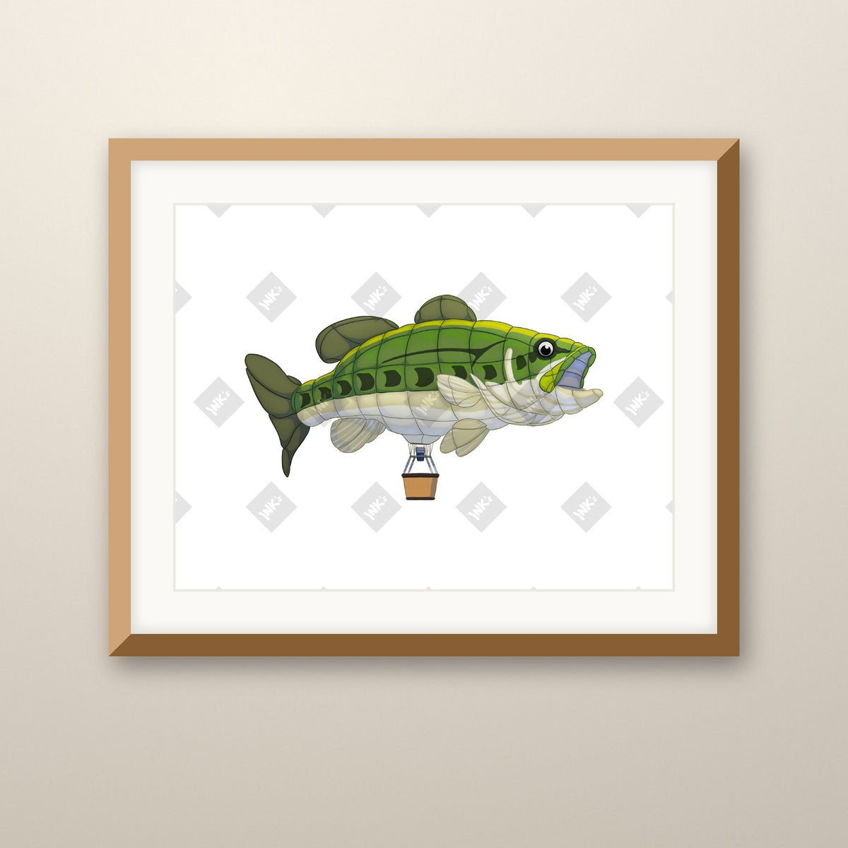 Bass Balloon art print in an oak frame on a wall