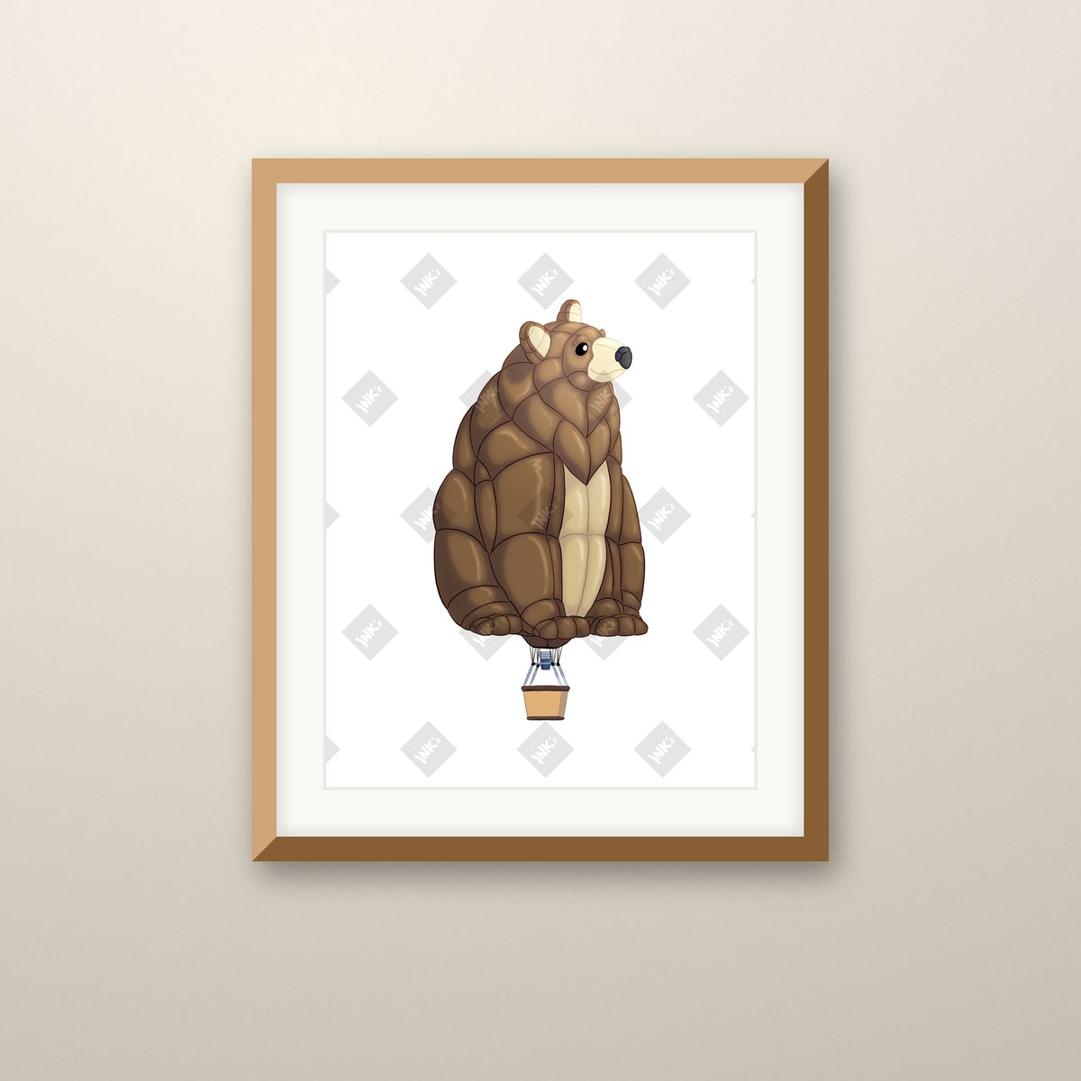 Bear Balloon art print in an oak frame on a wall