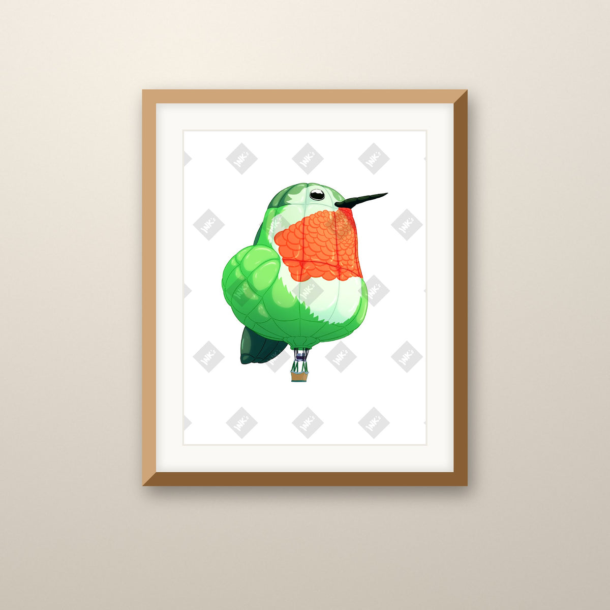 Hummingbird Balloon 1 art print in an oak frame on a wall