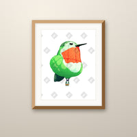 Hummingbird Balloon 1 art print in an oak frame on a wall