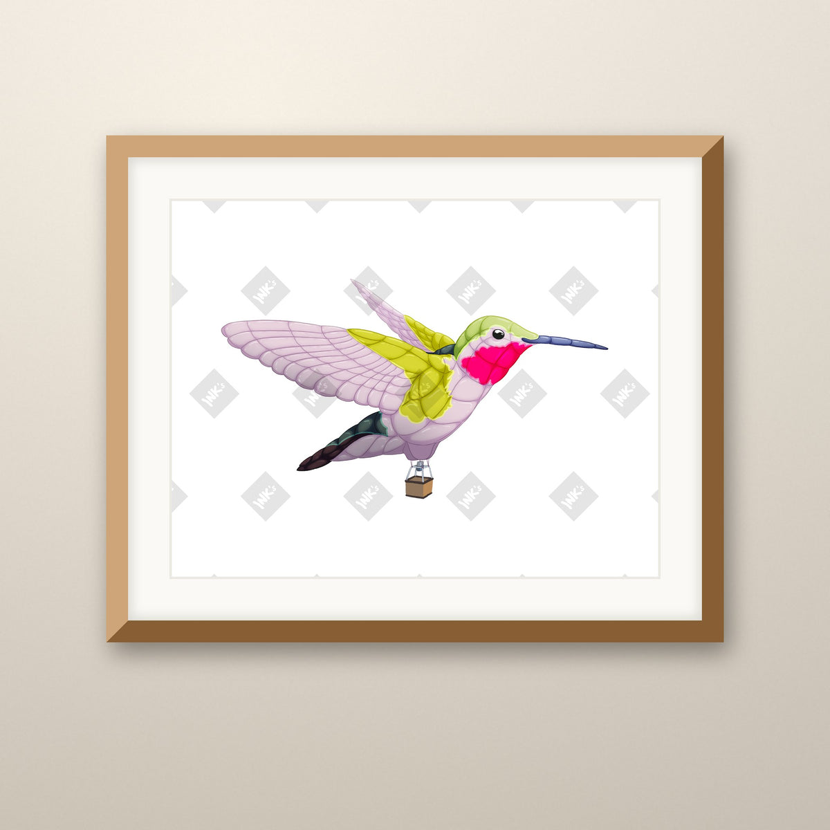 Hummingbird Balloon 2 art print in an oak frame on a wall