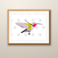 Hummingbird Balloon 2 art print in an oak frame on a wall