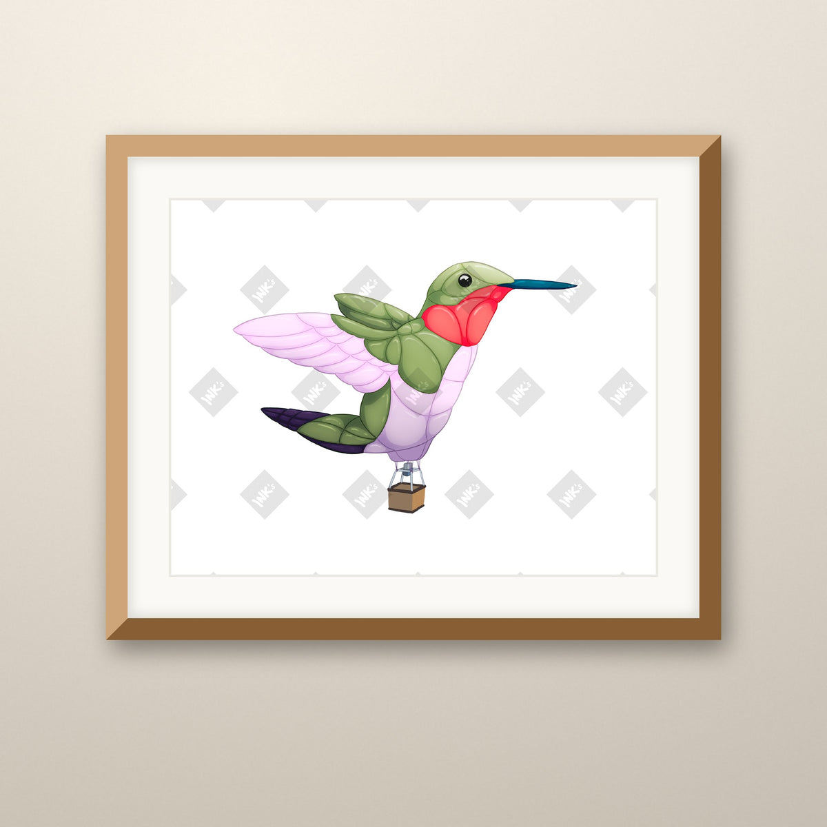 Hummingbird Balloon 3 art print in an oak frame on a wall
