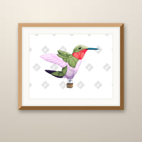 Hummingbird Balloon 3 art print in an oak frame on a wall