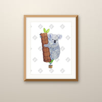 Koala Balloon art print in an oak frame on a wall