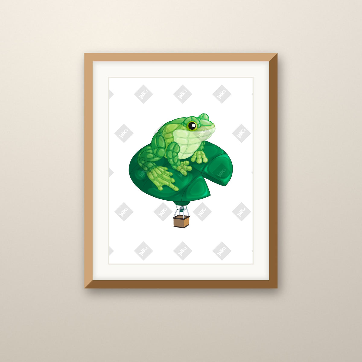 Lily Pad Frog Balloon art print in an oak frame on a wall