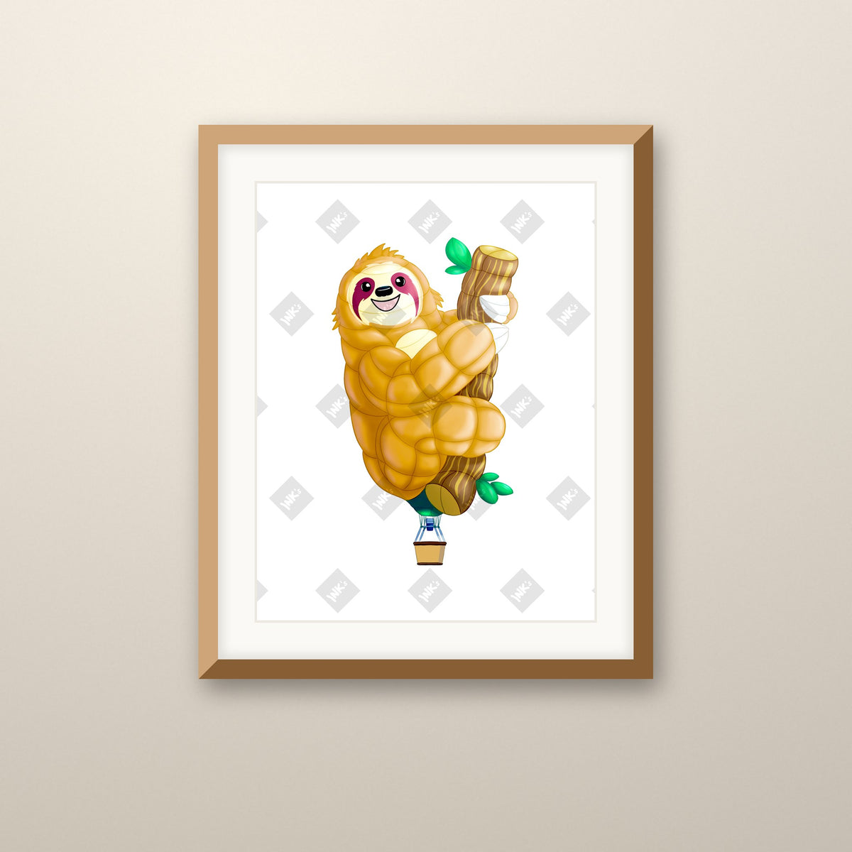 Sloth Balloon art print in an oak frame on a wall