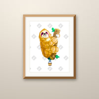 Sloth Balloon art print in an oak frame on a wall