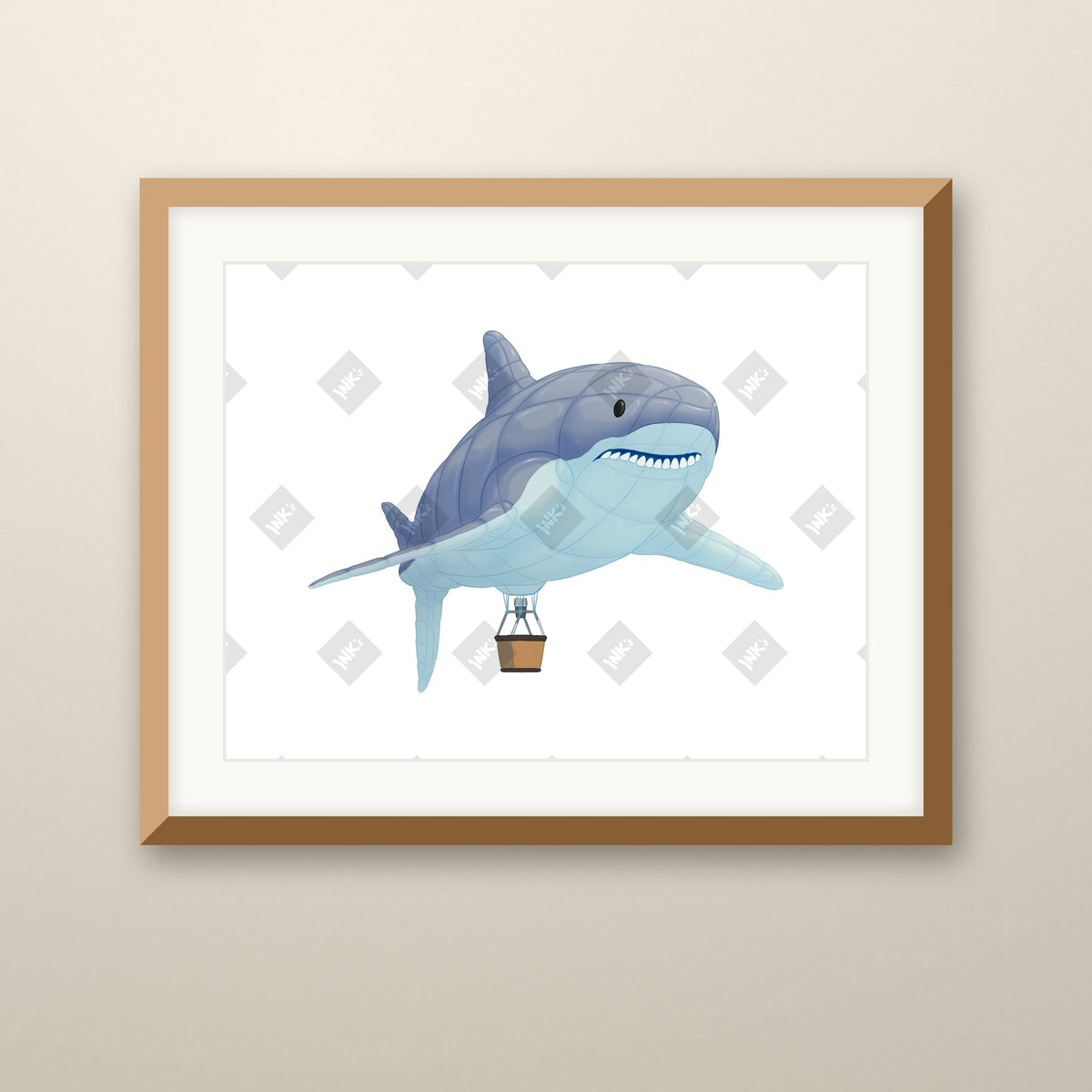 Shark Balloon art print in an oak frame on a wall