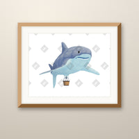 Shark Balloon art print in an oak frame on a wall