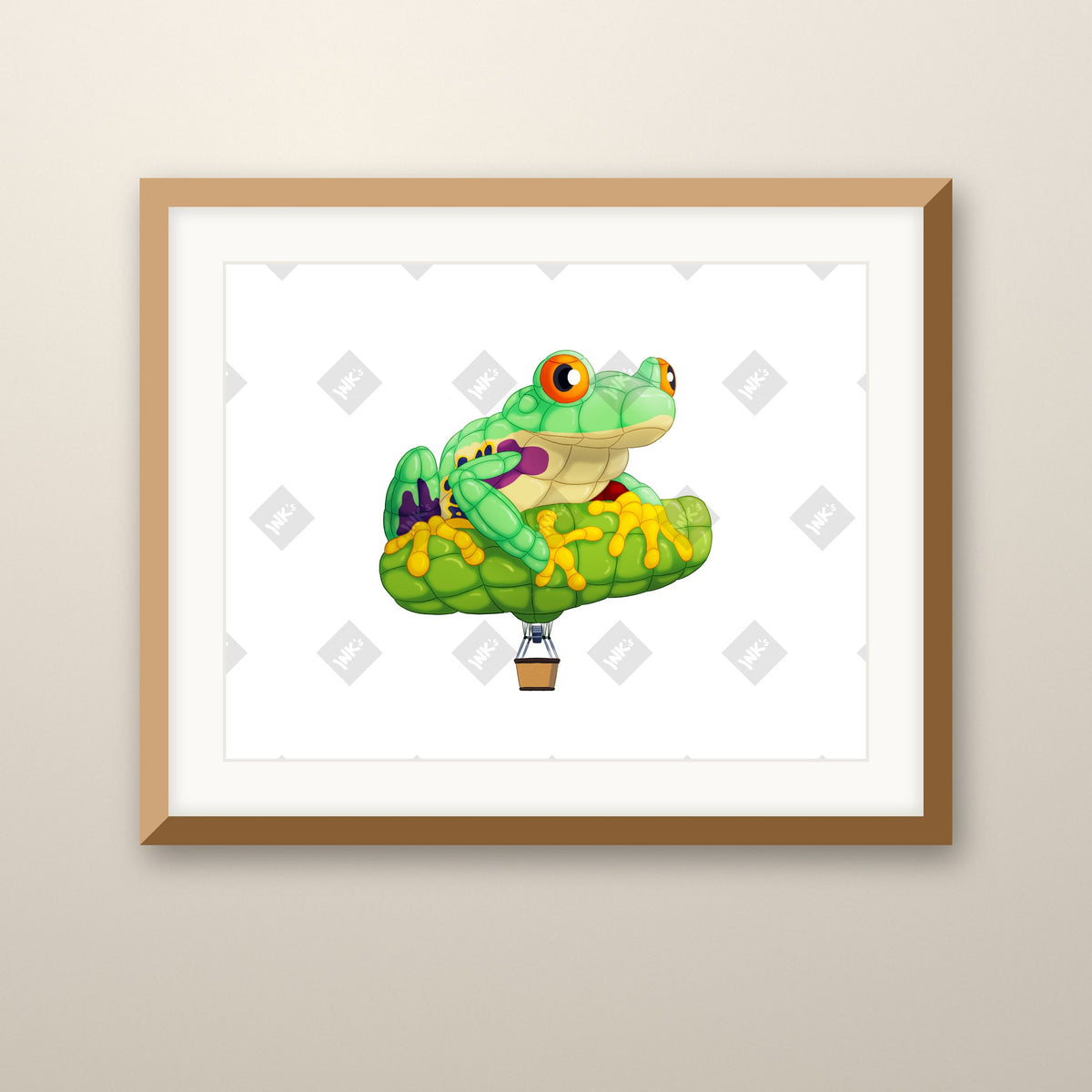 Treefrog Balloon art print in an oak frame on a wall